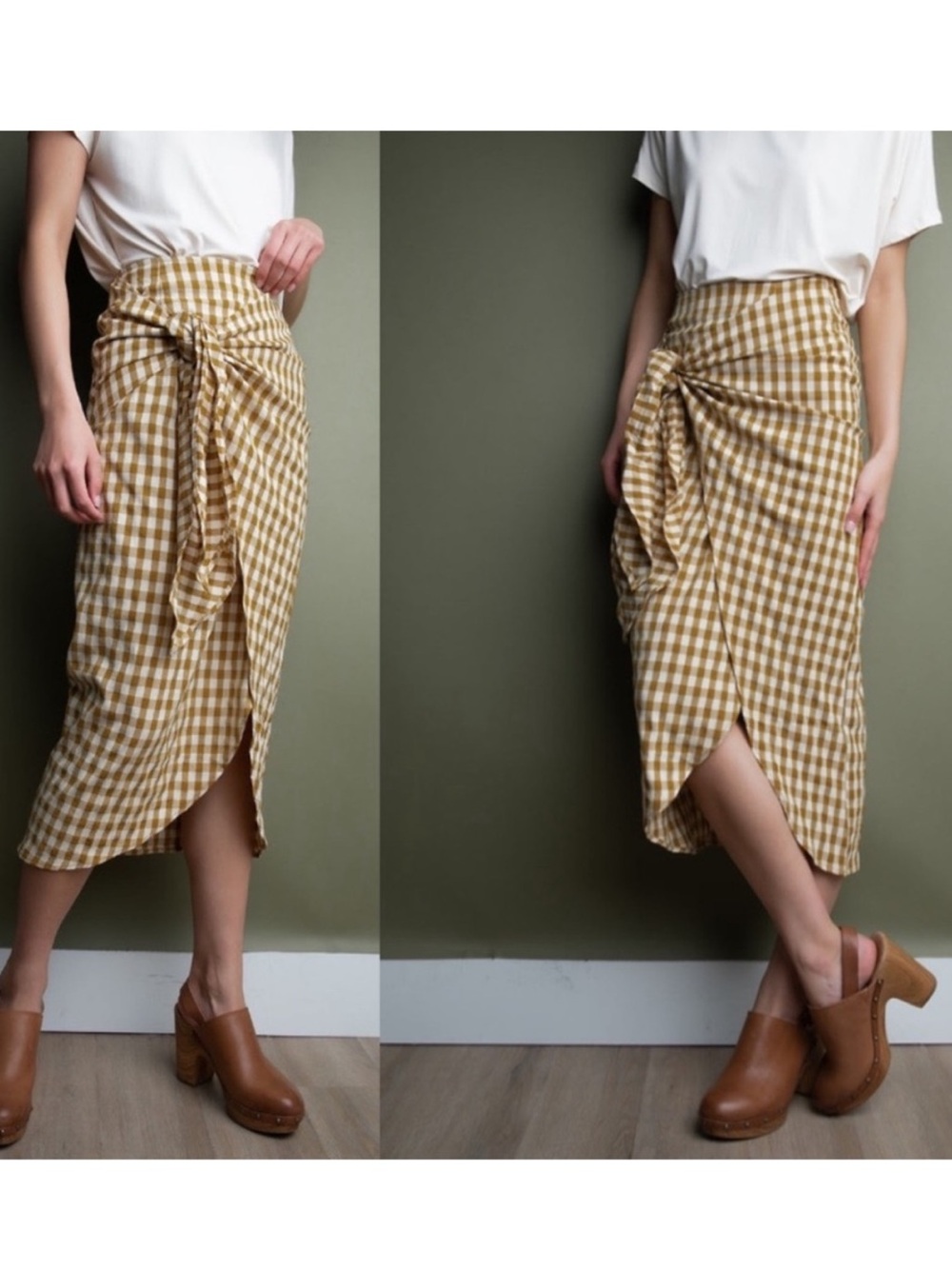 NWT Miou Muse Mustard and Cream GINGHAM
Skirt Tie Front Midi - Picture 2 of 7